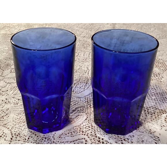 2 Libbey Crisa Glass Cobalt Blue Tumblers 8 Panel Heavy Glasses 5.5" Vintage - Picture 6 of 11